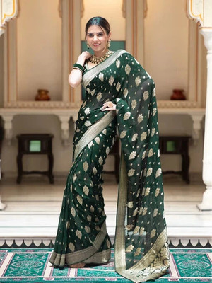 HouseOfCommon Printed Banarasi Jacquard, Art Silk Saree(Green)