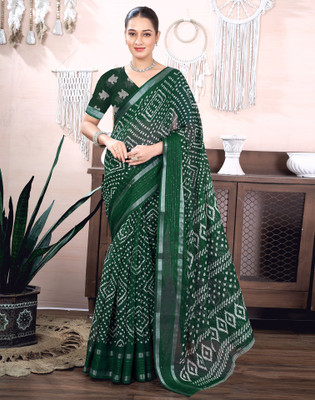 Samah Embellished, Printed Bandhani Linen, Cotton Blend Saree(Green)