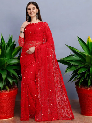NORAFLEX Embroidered Bollywood Net Saree(Red)