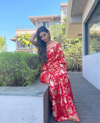 Khodal Zari Work Woven, Floral Print, Self Design Kanjivaram Pure Silk Saree(Red)