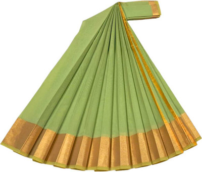 sri amman sarees Solid/Plain Handloom Cotton Silk Saree(Green)