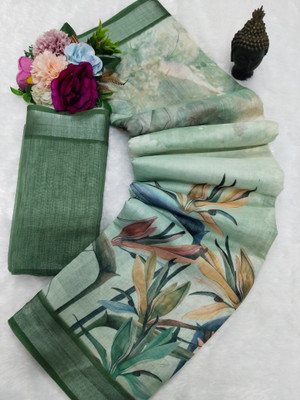 ASHTA Floral Print Kanjivaram Linen Saree(Light Green)