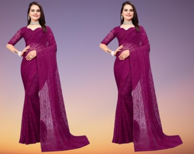 Vragi Self Design Bollywood Net Saree(Pack of 2, Purple)