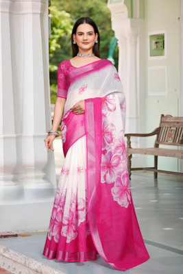 Vinayak Textile Printed Bollywood Linen Saree(Pink)