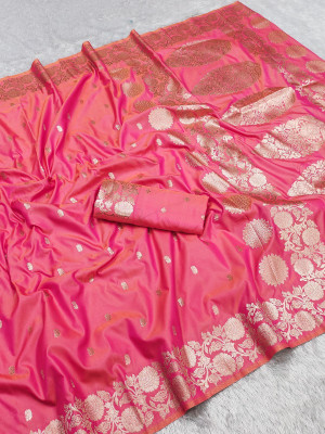 STITCH N SOLUS Woven, Printed, Embellished Banarasi Jacquard, Silk Blend Saree(Pink)