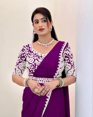 RamKrupa Creation Embellished, Solid/Plain Bhagalpuri Silk Blend Saree(Purple)
