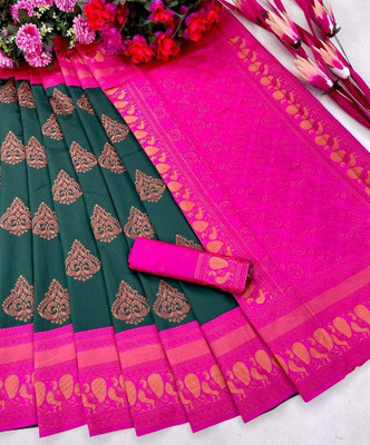 CENTURY CREATION Woven Kanjivaram Art Silk, Pure Silk Saree(Dark Green, Pink)