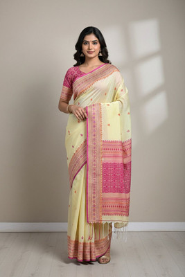 Fabloom Embroidered, Woven Handloom Khadi, Cotton Blend Saree(Yellow, Pink)