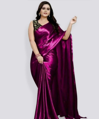 Hari Om Fab Solid/Plain Banarasi Satin Saree(Purple)