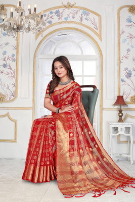 Aarunika LGF Solid/Plain Bollywood Organza Saree(Red)