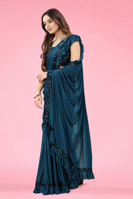 KSENTERPRISE Solid/Plain Bollywood Lycra Blend Saree(Dark Blue)