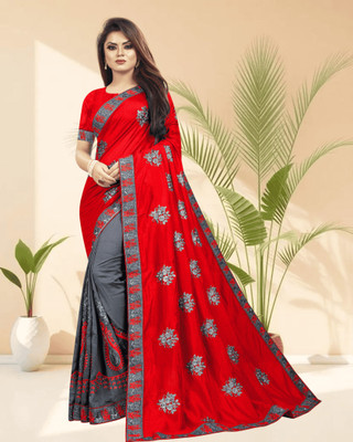 SHOBHTESH Embroidered Madhubani Silk Blend, Net Saree(Red, Grey)