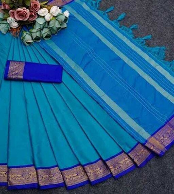 KHODALSAREEFEB Solid/Plain, Woven, Striped Banarasi Cotton Silk Saree(Dark Green, Purple)