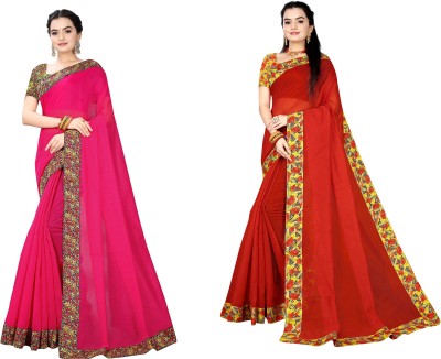 manish Printed Chanderi Cotton Blend Saree(Pack of 2, Magenta, Red)