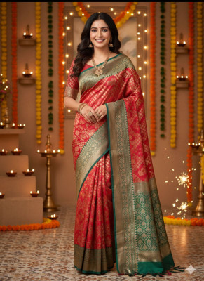 SHOOBHA Floral Print, Printed Banarasi Silk Blend Saree(Dark Green, Red)