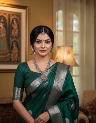 Bindi Woven Banarasi Jacquard Saree(Dark Green)
