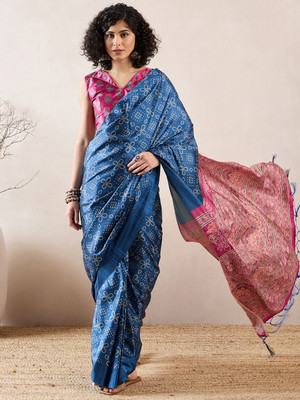Divastri Digital Print Bandhani Silk Blend Saree(Blue)