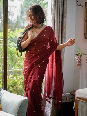 BongAp Self Design Handloom Cotton Blend Saree(Brown)