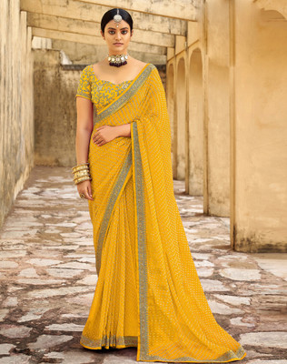 SIRIL Striped, Embellished Bandhani Georgette Saree(Yellow)