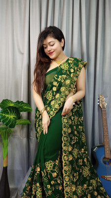 veerlaxmi Embroidered Saree with Attached Blouse Cotton Silk Saree(Dark Green)