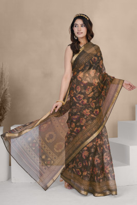 MIRCHI FASHION Printed, Floral Print, Checkered Kota Doria Polyester Saree(Brown, Orange)