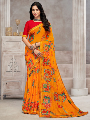 Divastri Floral Print, Geometric Print, Digital Print, Printed Bollywood Chiffon Saree(Mustard)