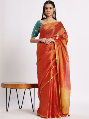 Sangria Solid/Plain Daily Wear Tissue Saree(Orange)