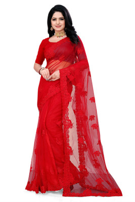usharvi Self Design, Embroidered Bollywood Net Saree(Red)
