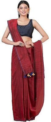 Kamana Textile Solid/Plain, Self Design Handloom Cotton Blend Saree(Red)