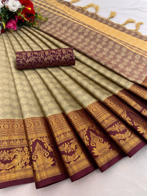yourwish Woven, Embellished, Self Design Banarasi Silk Blend, Jacquard Saree(Beige, Maroon, Gold)