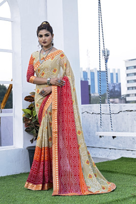 Kanooda Prints Printed Bandhani Georgette Saree(Multicolor)