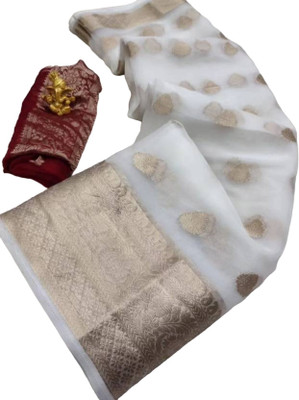 GoVika Self Design Bollywood Tissue Saree(White)