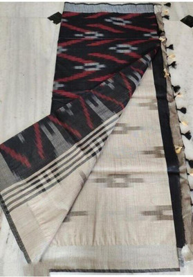 Manikant Handloom Printed Bhagalpuri Cotton Blend Saree(Black, Grey)