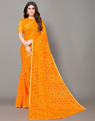 Samah Geometric Print, Printed, Embellished Bandhani Chiffon, Georgette Saree(Yellow, Gold)