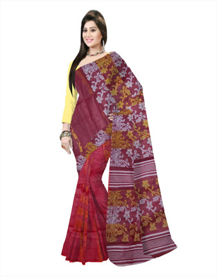 Pradip Fabrics Floral Print Jamdani Silk Blend Saree(Maroon)