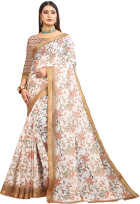 HangerStories Printed Kanjivaram Pure Cotton, Cotton Linen Saree(Cream)