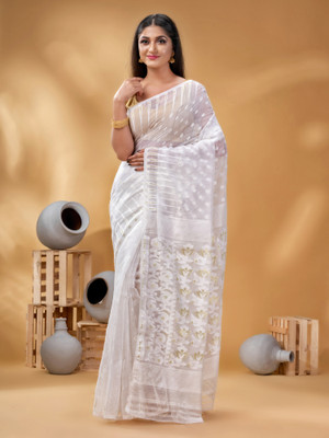 TANTLOOM Floral Print Jamdani Handloom Cotton Blend Saree(White)