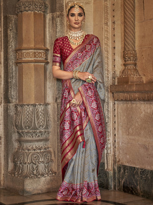 ANOUK Woven Ikkat Silk Blend Saree(Grey)