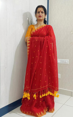 Ghosh handloom Temple Border Handloom Pure Cotton Saree(White)