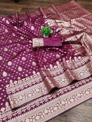 DURGA TEXTILE Printed, Self Design, Floral Print, Embellished, Woven Kanjivaram Silk Blend, Jacquard Saree(Purple)