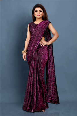 Amavii Embellished Bollywood Lycra Blend Saree(Purple)