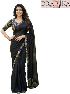 DRAPIKA Embroidered, Floral Print, Solid/Plain Bollywood Silk Blend Saree(Black)