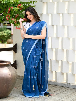 Joyguru Textile Printed Handloom Pure Cotton Saree(Light Blue)