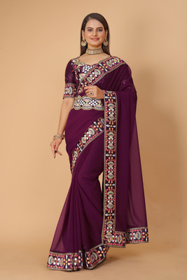 Tejal Creation Self Design Bollywood Georgette Saree(Purple)