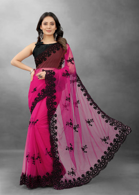 Barkiya Creation Embroidered Bollywood Net Saree(Pink, Black)