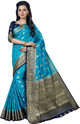 Manokamna Self Design Kanjivaram Silk Blend Saree(Blue)