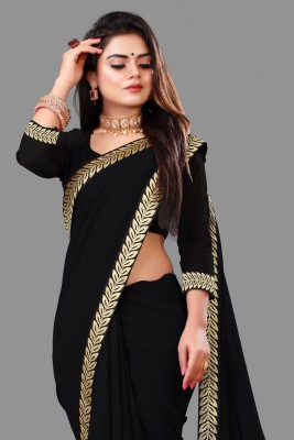 HomeDeal Solid/Plain Bollywood Georgette Saree(Black)