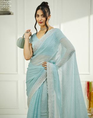 Satrani Self Design, Embroidered, Embellished Bollywood Chiffon Saree(Light Blue)