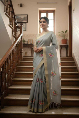 Tilfelle Embroidered Banarasi Tissue Saree(Grey)