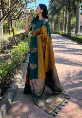 Madhav Creation Woven Banarasi Art Silk Saree(Mustard)